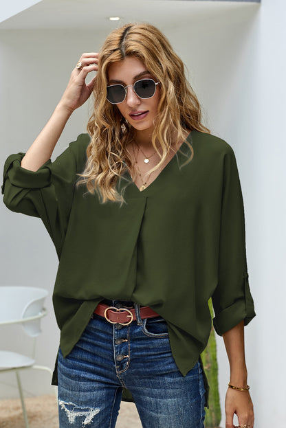 Blouse à col en V et manches retroussées