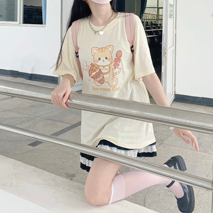 Sweet Cone Meow Meow T-shirt Summer Cute Cartoon Cat Print Loose