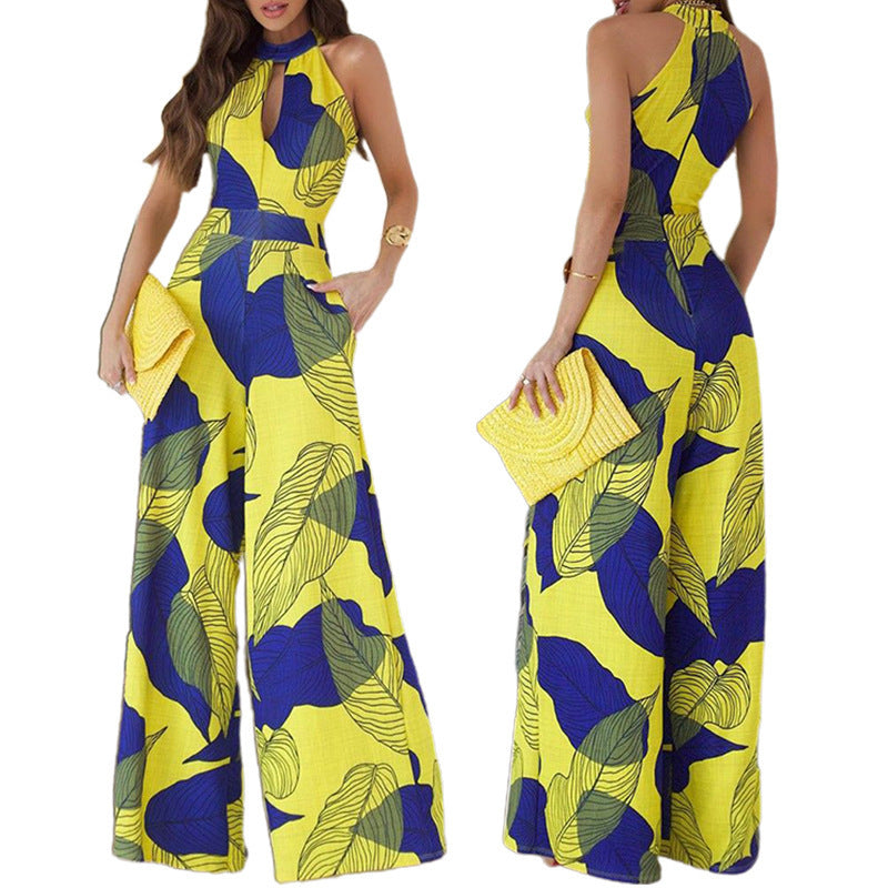 Leaf Printed Yellow Halter Jumpsuit