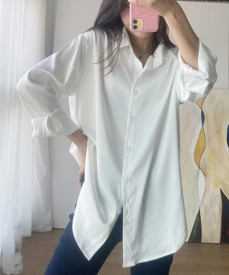 Long New Temperament Drape Silk Satin Loose Shirt