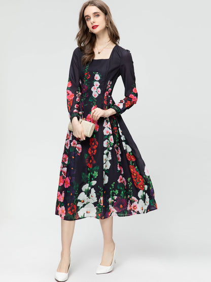 Retro Style Fashion Square Collar Long Sleeve Red Printed Black Mid-length Dress