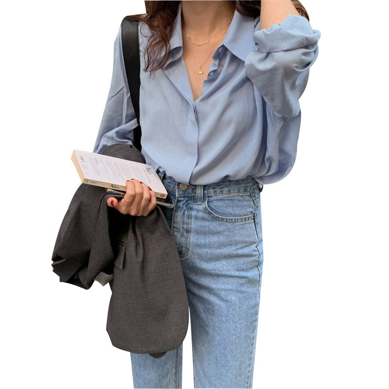 Women's Blue Shirt With Loose Mid-length Long-sleeved Bottoming Shirt