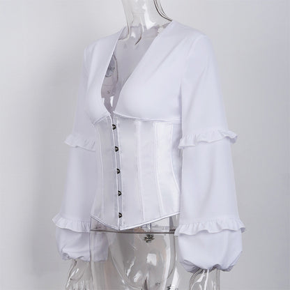 Blouse dos nu en corde à manches longues et col V