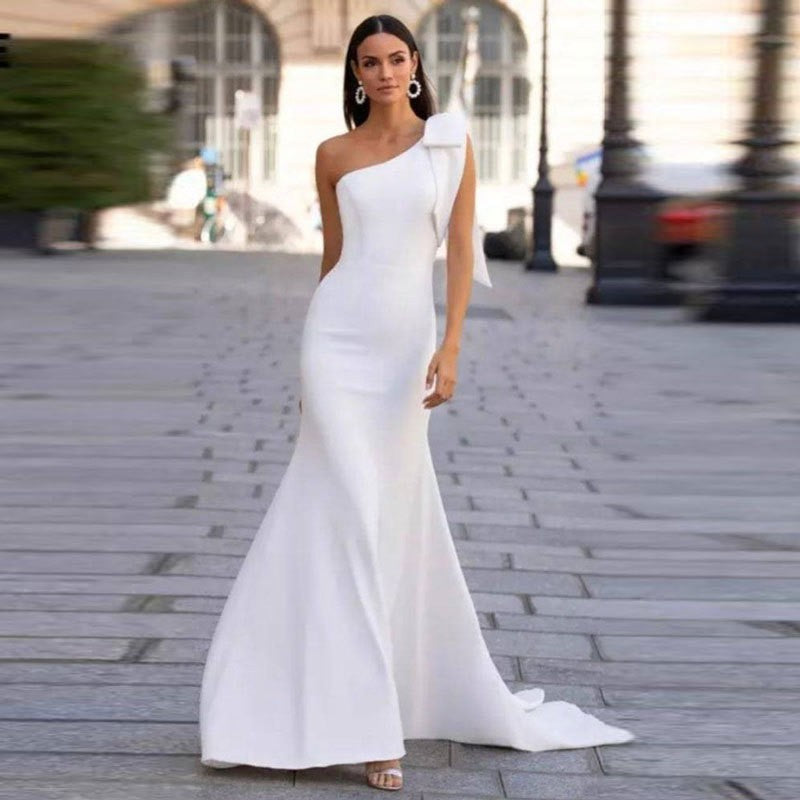 Robe de mariée élégante en queue de poisson pour femmes, robe amincissante à longues épaules