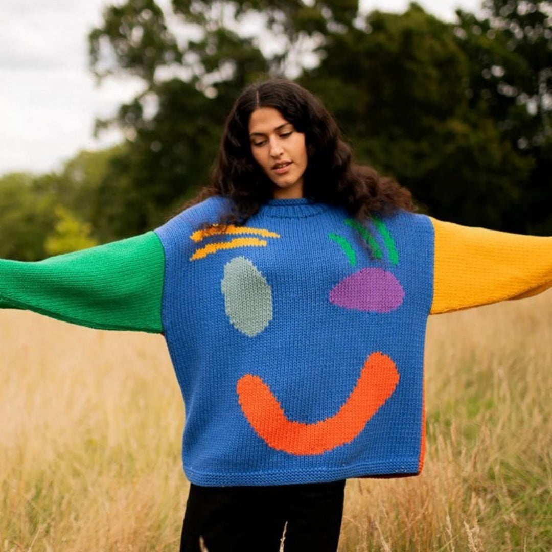 Suéter de punto con cuello redondo y estampado de dibujos animados para mujer