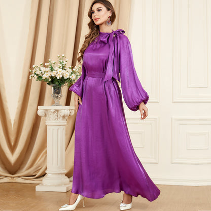 Robe à lacets de couleur unie à manches longues de style européen et américain