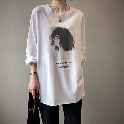 Spring New Korean Style Lazy Style Loose Long-sleeved Printed T-shirt