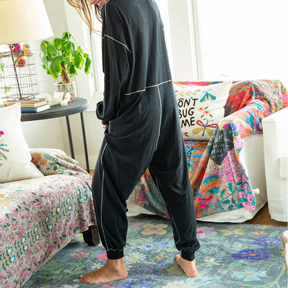 European And American Solid Color Fashion V-neck Long Sleeve Casual Loose Jumpsuit