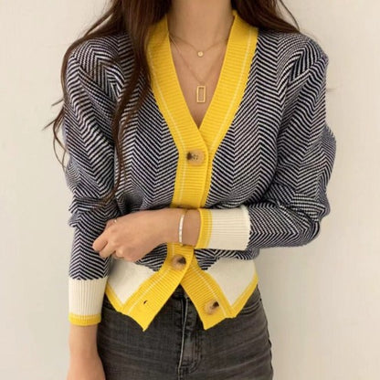 Pull à manches longues et col en V de couleur contrastée, manteau étranger fin