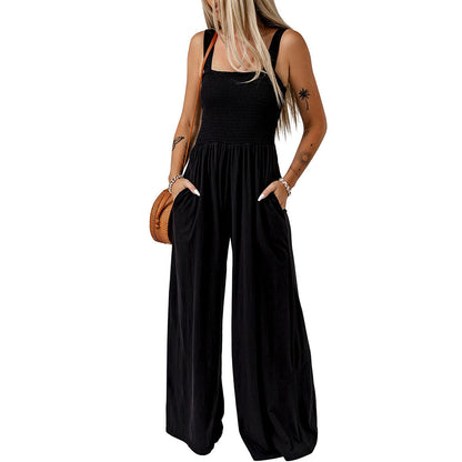 Shiying Black Square Collar Smocking Pleated Jumpsuit Women's Wide Leg Pants