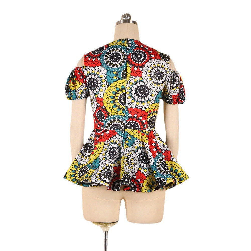 Round Neck Cutout Short Sleeve High Waist Ruffle Digital Print Shirt