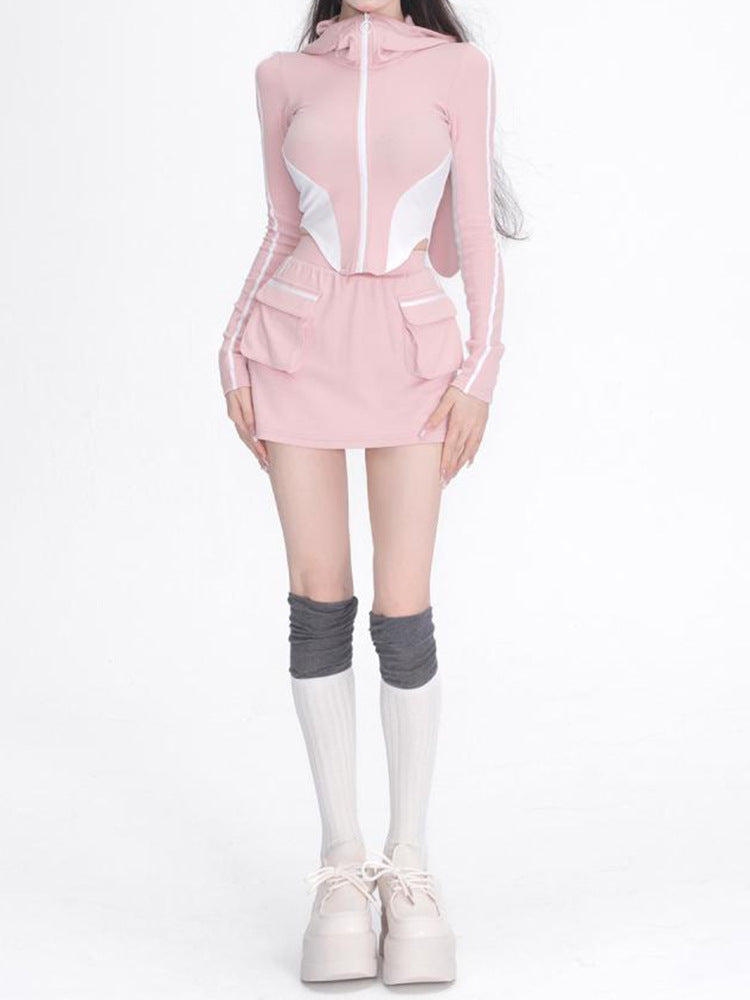 Costume de sport et de loisirs rose, veste à capuche assortie avec tout pour femmes, printemps et automne