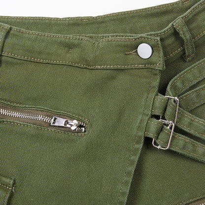 Ropa de trabajo Pantalones cortos de mezclilla Pantalones calientes decorativos con trabilla para cinturón verde