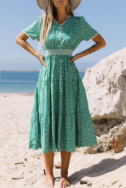 Vestido midi estampado floral empalme de encaje acampanado cintura alta verde