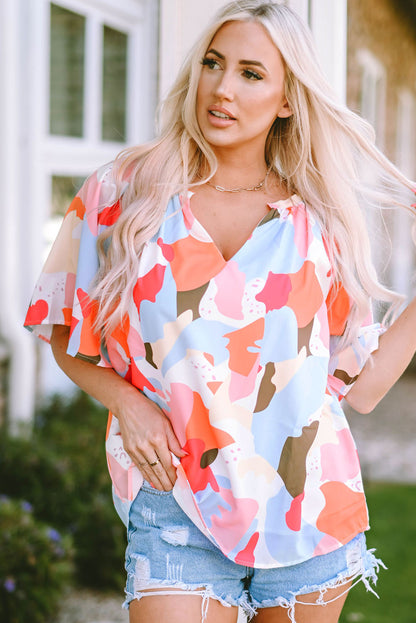 Printed Notched Neck Half Sleeve Blouse