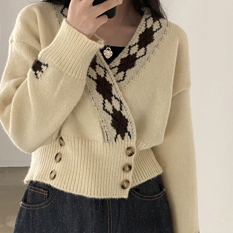 Loose Crossover V-Neck Buttoned Waist Sweater