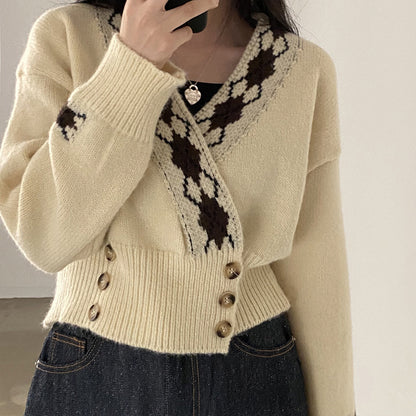 Loose Crossover V-Neck Buttoned Waist Sweater