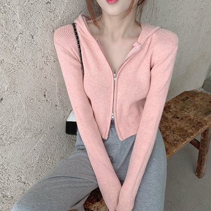 Solid Color Short Long-sleeved Hooded Knitted Cardigan