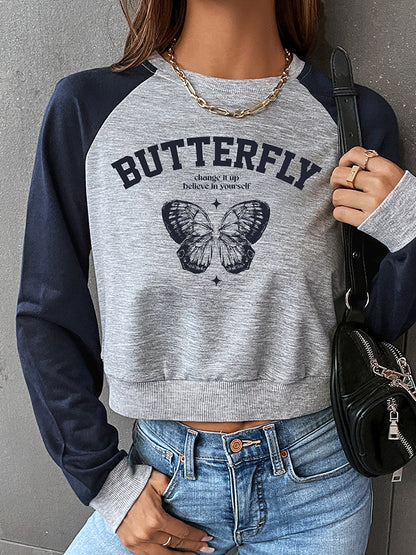 Sudadera con estampado de mariposas y manga raglán con cuello redondo