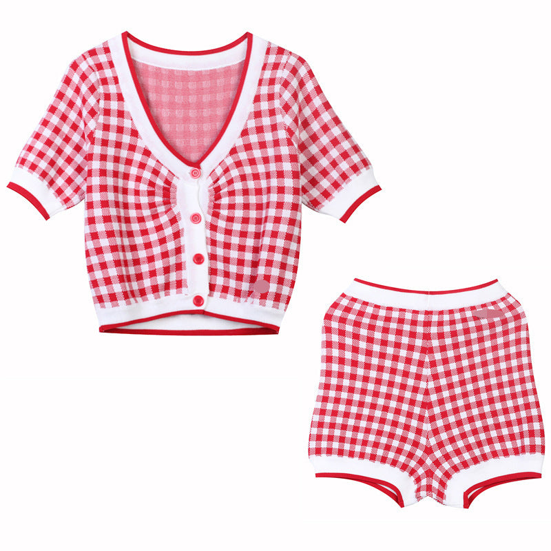 Women's Red And White Check Contrast Knitted Cardigan Coat