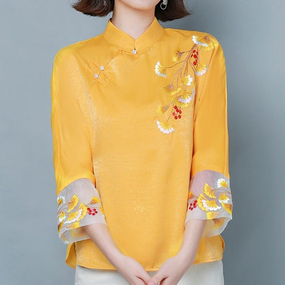 Imitation silk retro style stand-up collar improved cheongsam