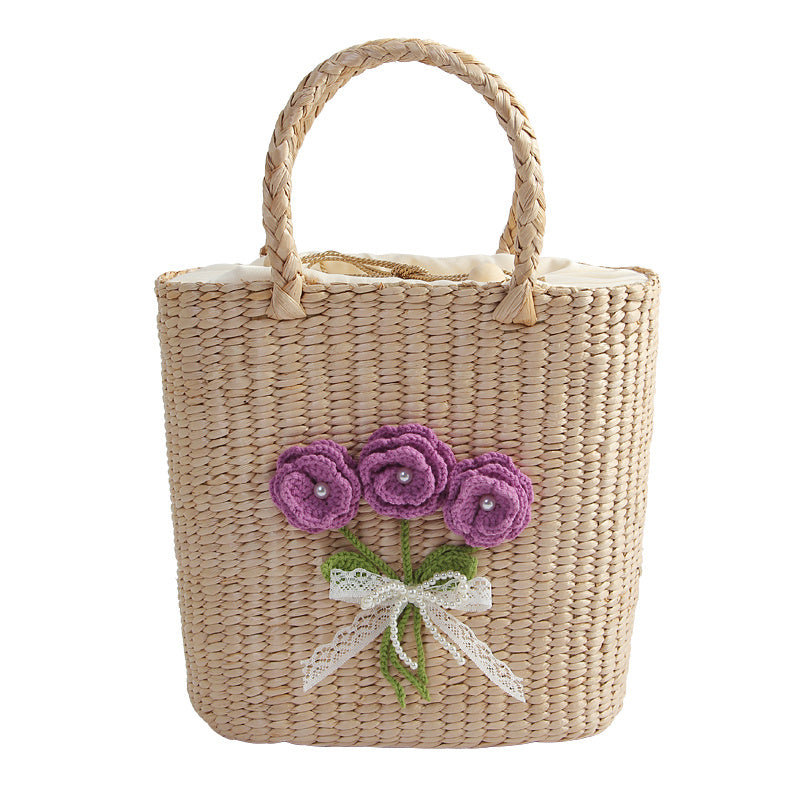 Bolso de paja tejido a mano informal Flor cuadrada vertical Púrpura