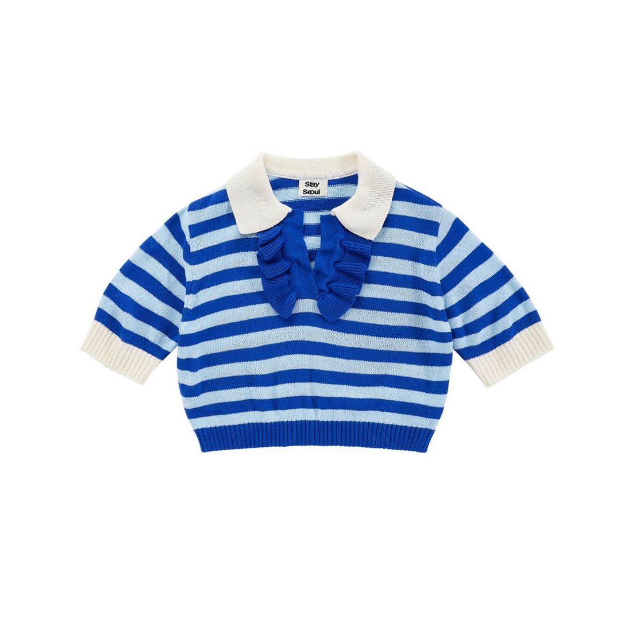 Doll Lapel And Fungus Edge Short Striped Short-sleeved Sweater