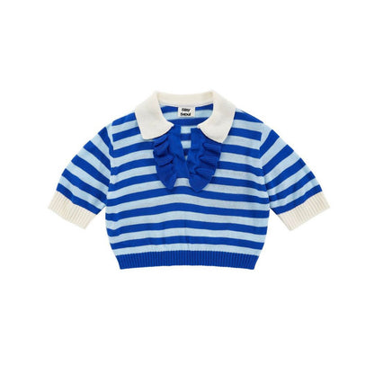 Doll Lapel And Fungus Edge Short Striped Short-sleeved Sweater