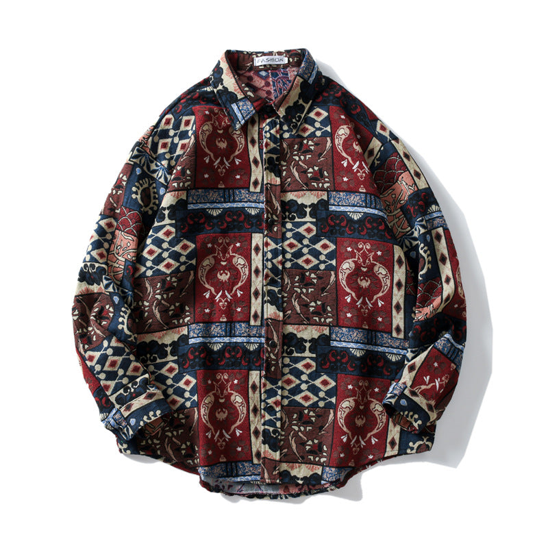 Men's Trendy Printed Woolen Shirt Loose Long Sleeved Coat Top