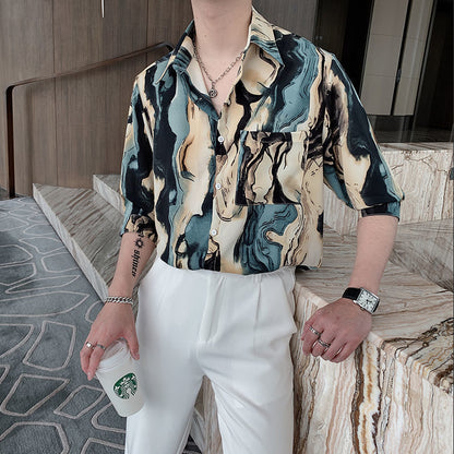 Guapo manga larga hombre de moda Retro sabor de Hong Kong holgada con estampado Floral