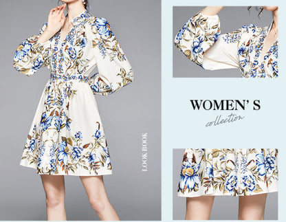 Blue Embellished Printed Comfortable Breathable Long Sleeves Slim A- Line Dress