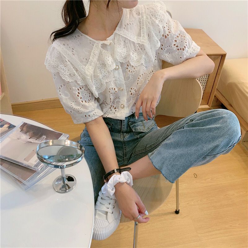 Temperament Hollow Embroidery White Lace Shirt Women's Big Lapel Lace Sweet Doll Collar