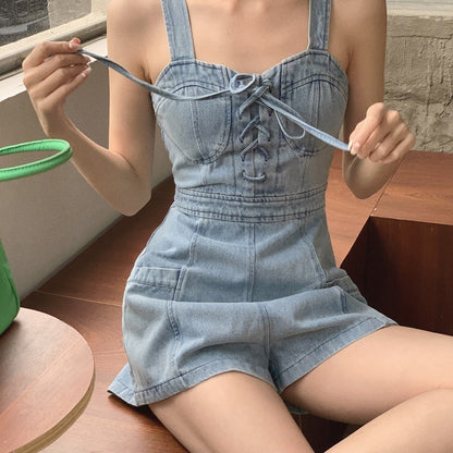 Women's High Waisted And Slim Suspender Denim Suspender Pants