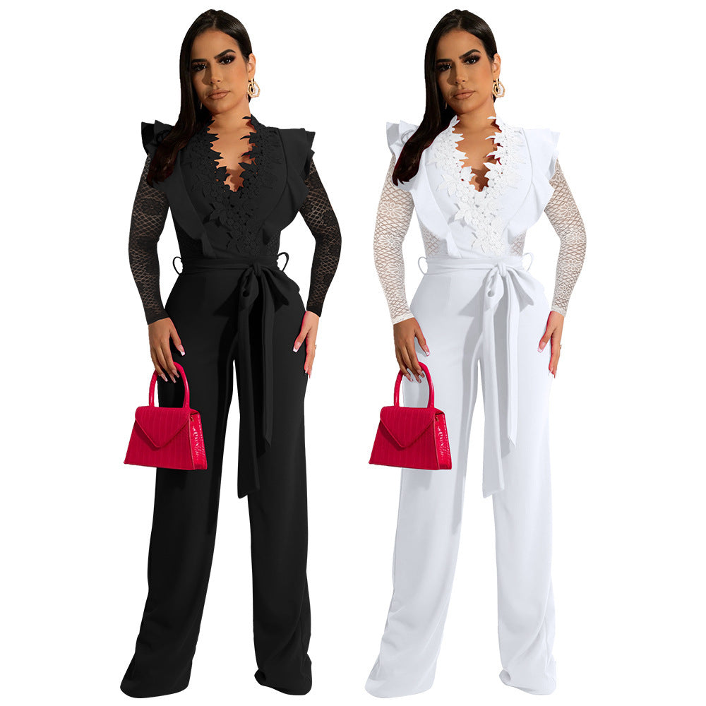 Fashion Business Slim Fit V-neck Lace See-through Type Jumpsuit