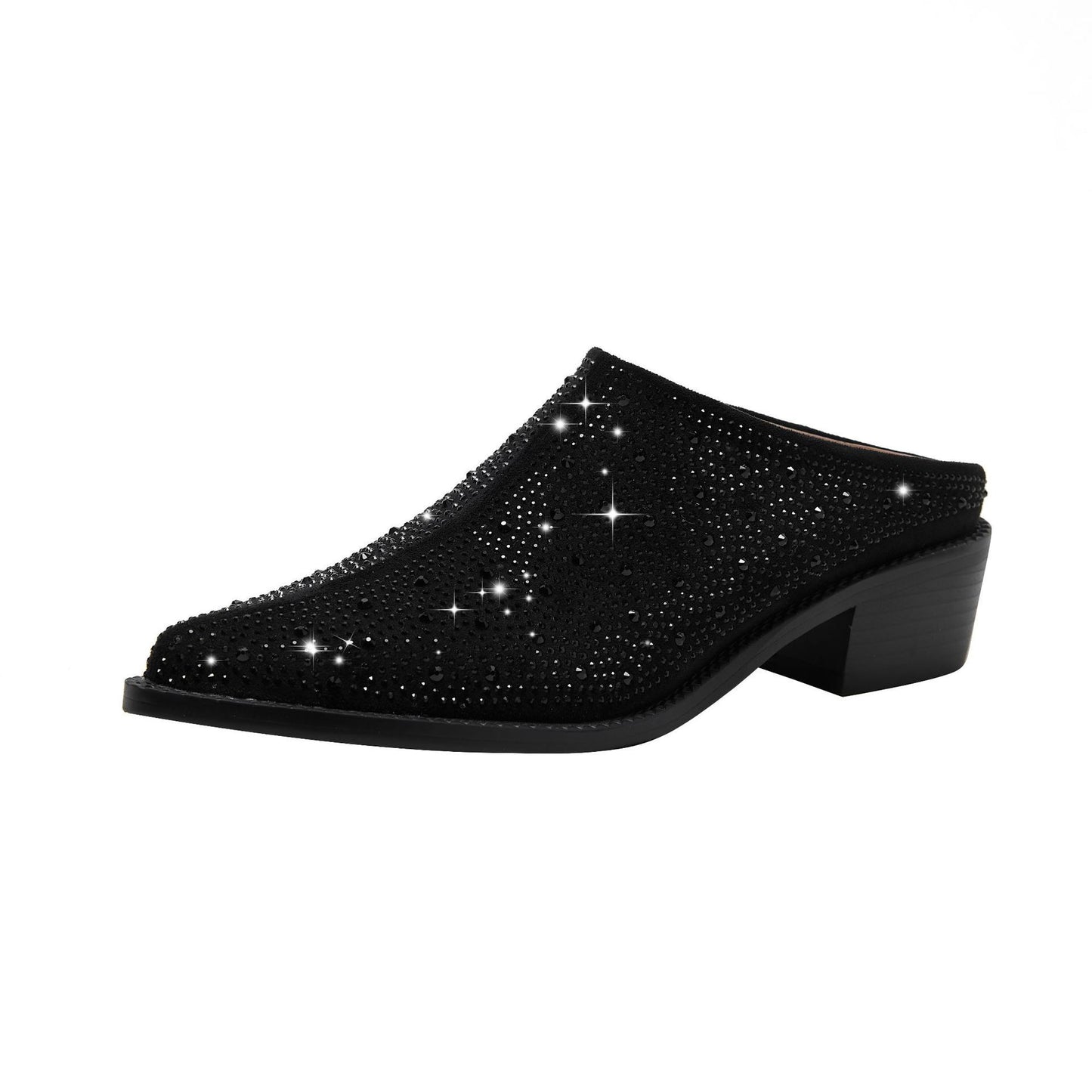 Women's Fashion All-match Rhinestone Full Diamond Pointed Toe Toe Cap Flat Heel Square Heel Sandals Slippers