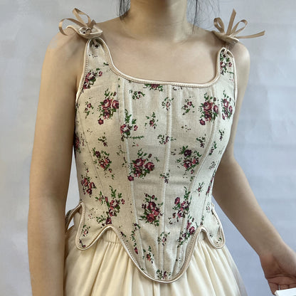 Gilet court français à petites bretelles florales, corset en arête de poisson