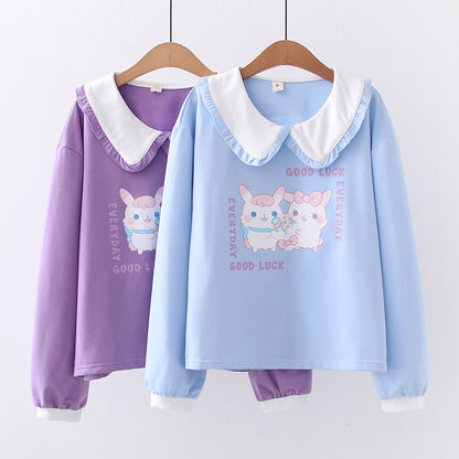 Middle School Student Rabbit Wood Ears Doll Collar Long Sleeve Sweater Women Autumn