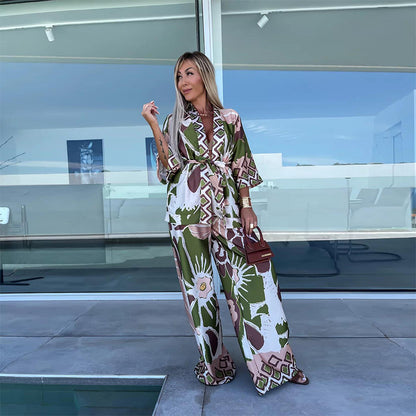 Printed Cropped Sleeve Cardigan Wide Leg Pants Suit