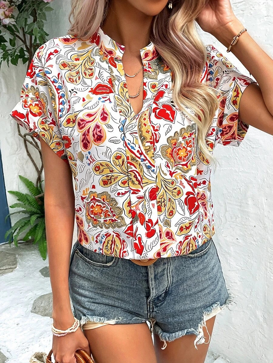 Printed Notched Neck Short Sleeve Blouse