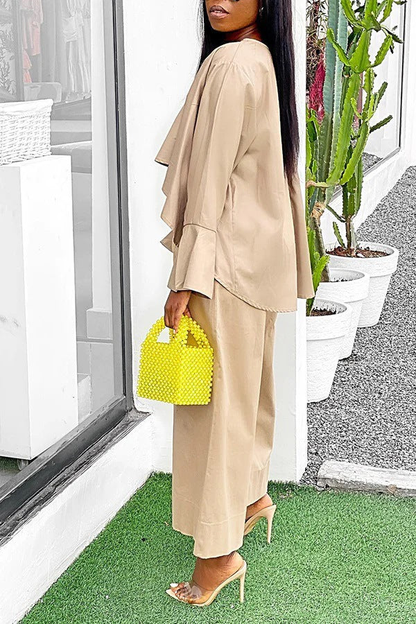 Casual Two-piece Suit Front Short Back Long Bell Sleeve Top Wide Leg Pants Suit