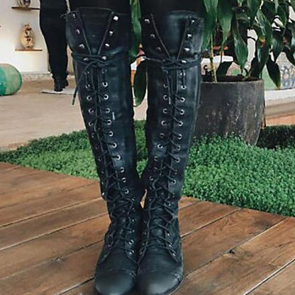 Solid Color Thick Low Heel High-top Lace-up Fashion Women's Boots