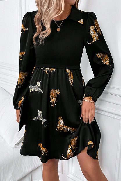 Black Vivid Leopard Print Long Sleeve Swing Dress