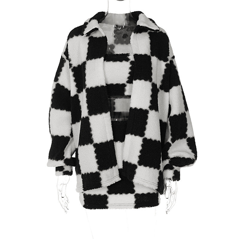 Manteau épaissi à carreaux noir et blanc