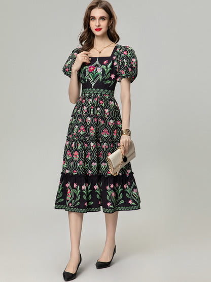 Vintage Print Romantic Dress Women