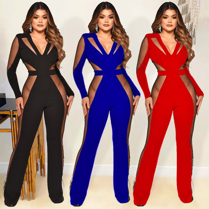 Women's Fashion Mesh Panel Jumpsuit Flared Pants