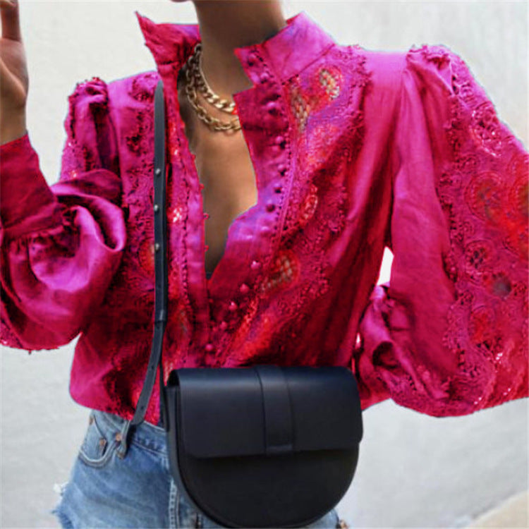 Women's Solid Color Lace Cutout Stand Collar Shirt