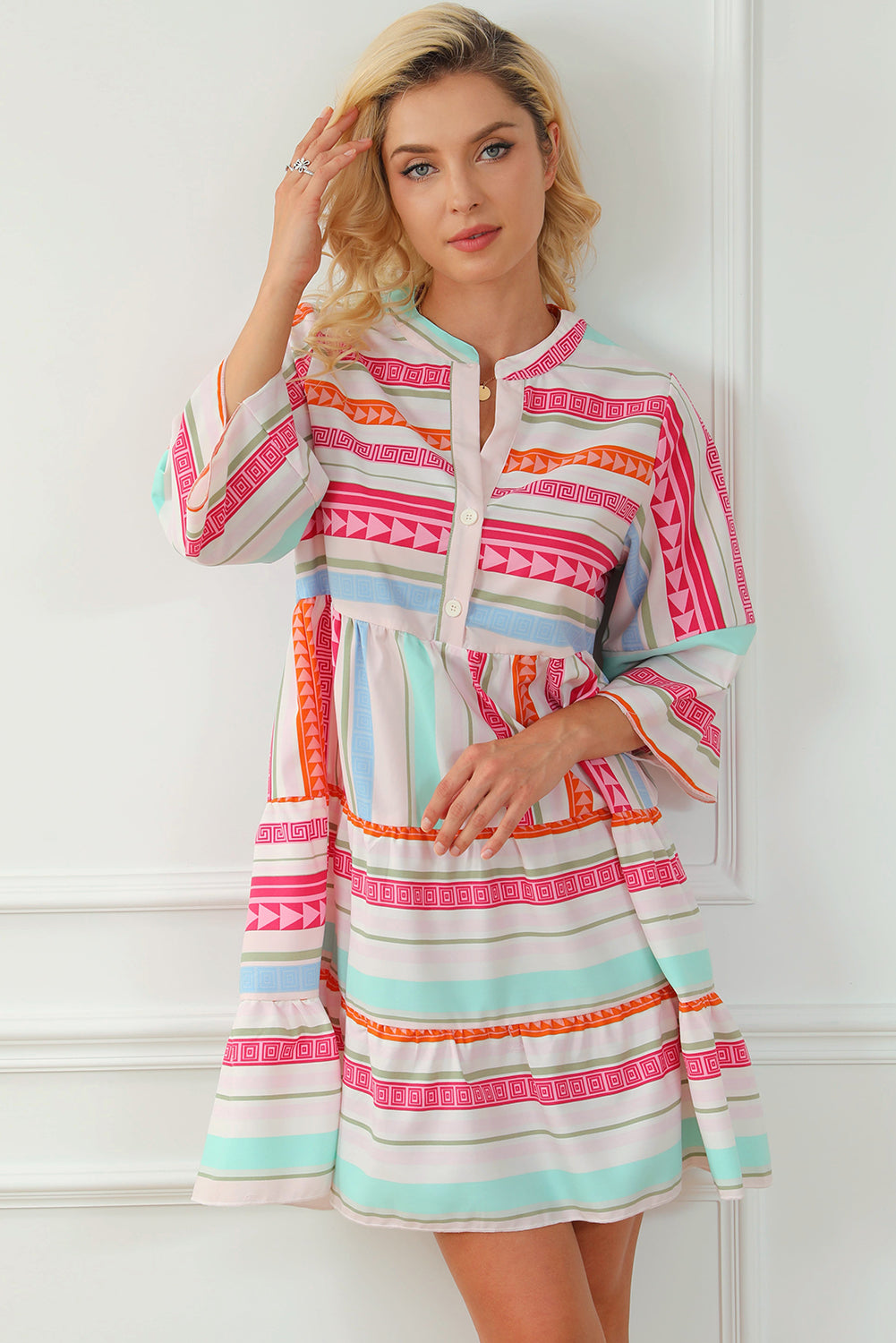 Multicolour Boho Geometric Print Bracelet Sleeve Buttoned Mini Dress