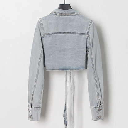 Long Sleeve Lace-Up Cropped Denim Jacket