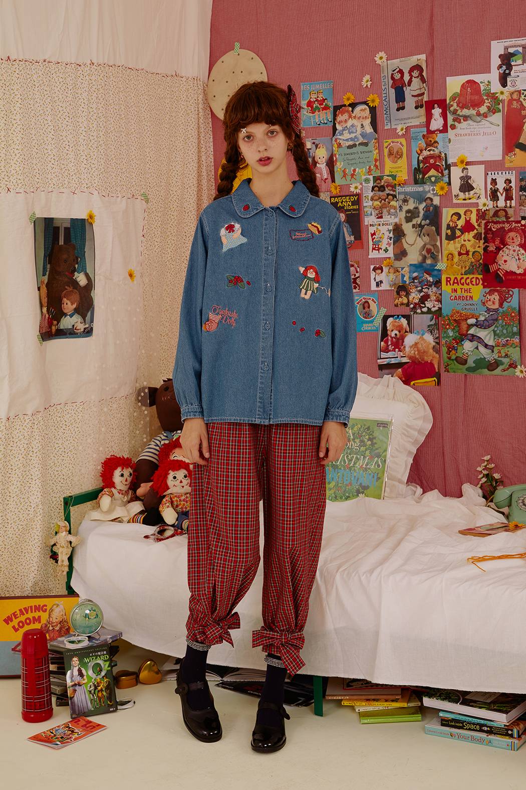 Chemise à manches longues en denim bleu pour femme, mignonne et enfantine