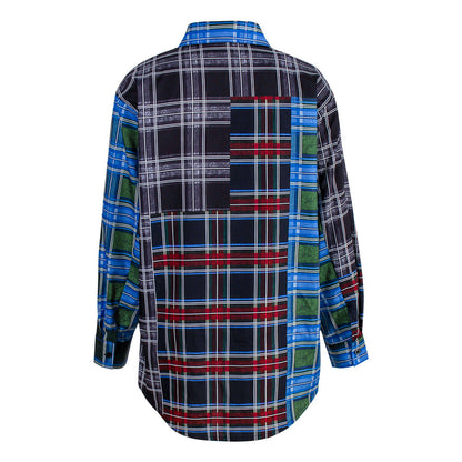 Plaid Contrast Stitching Retro Print Long-Sleeved Shirt